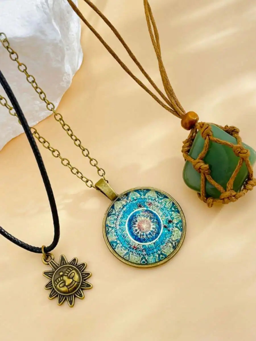 3-Layer Boho Pendant Necklace Set with Sun Charm, Glass Dome & Stone Bead by MadisonnSavannahBoutique