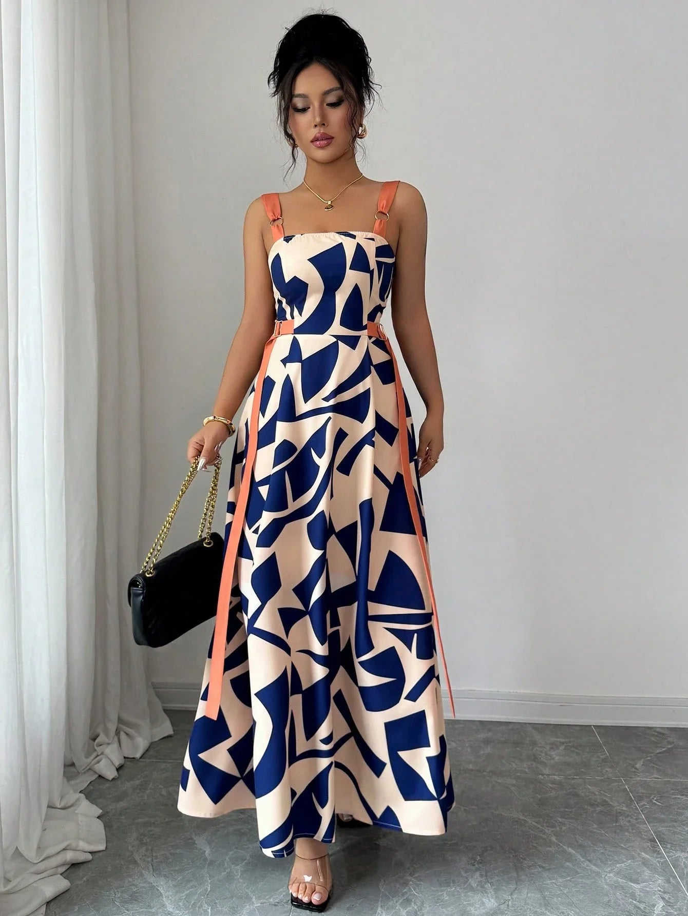 Casual Spaghetti Strap Waisted Wide Hem Geometric Print Maxi Dress by MadisonnSavannahBoutique