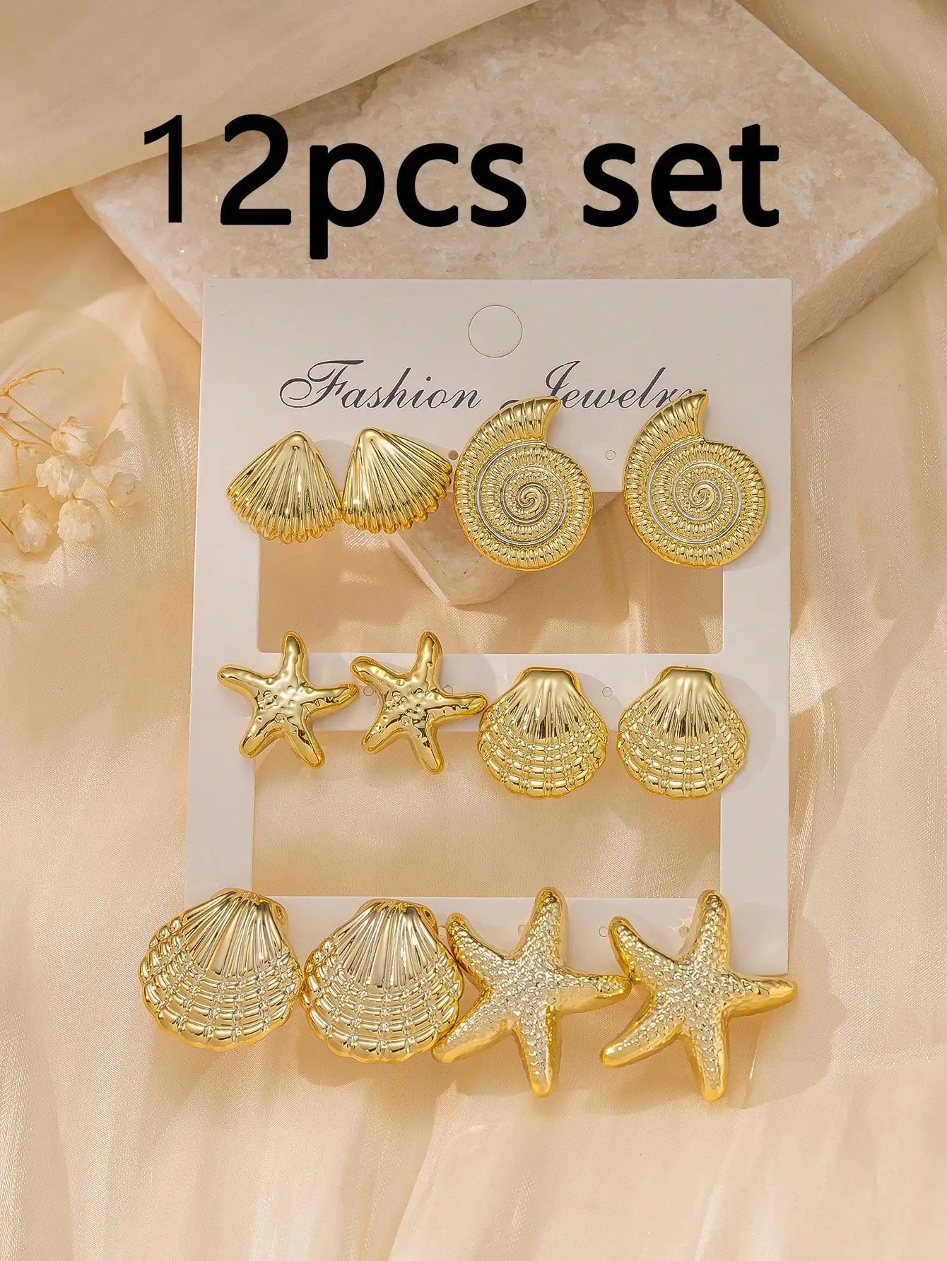 Gold Sea Shell & Starfish Stud Earrings Set 6 Pairs Fashion Jewelry by MadisonnSavannahBoutique
