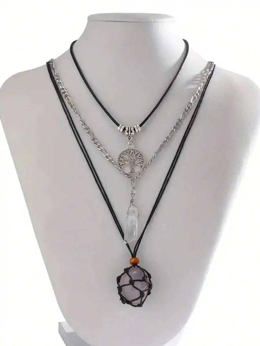 3-Layer Boho Pendant Necklace Set with Sun Charm, Glass Dome & Stone Bead by MadisonnSavannahBoutique