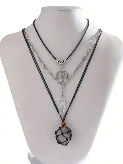3-Layer Boho Pendant Necklace Set with Sun Charm, Glass Dome & Stone Bead by MadisonnSavannahBoutique