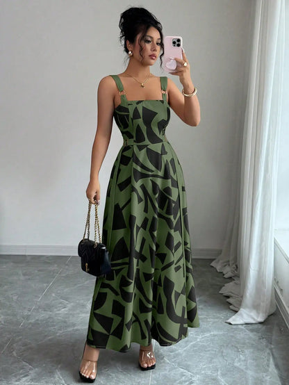 Casual Spaghetti Strap Waisted Wide Hem Geometric Print Maxi Dress by MadisonnSavannahBoutique