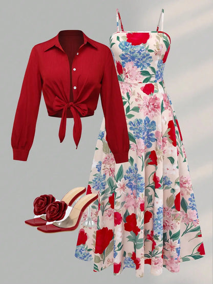 Floral Print Long Sleeve Two-Piece Set With Knotted Top And Midi Dress by MadisonnSavannahBoutique