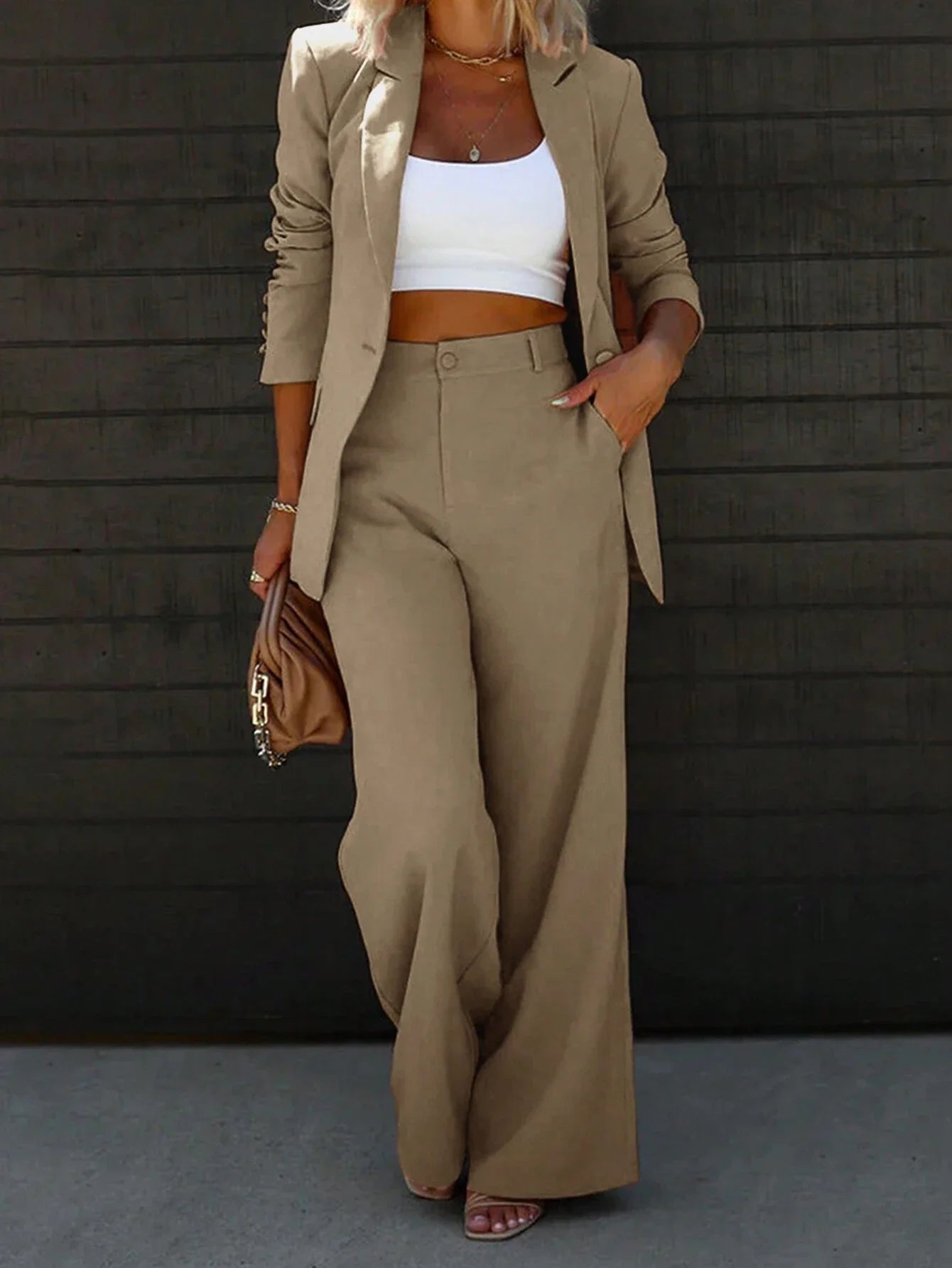 wo-Piece Suit Single Button Blazer And Wide Leg Trousers by MadisonnSavannahBoutique