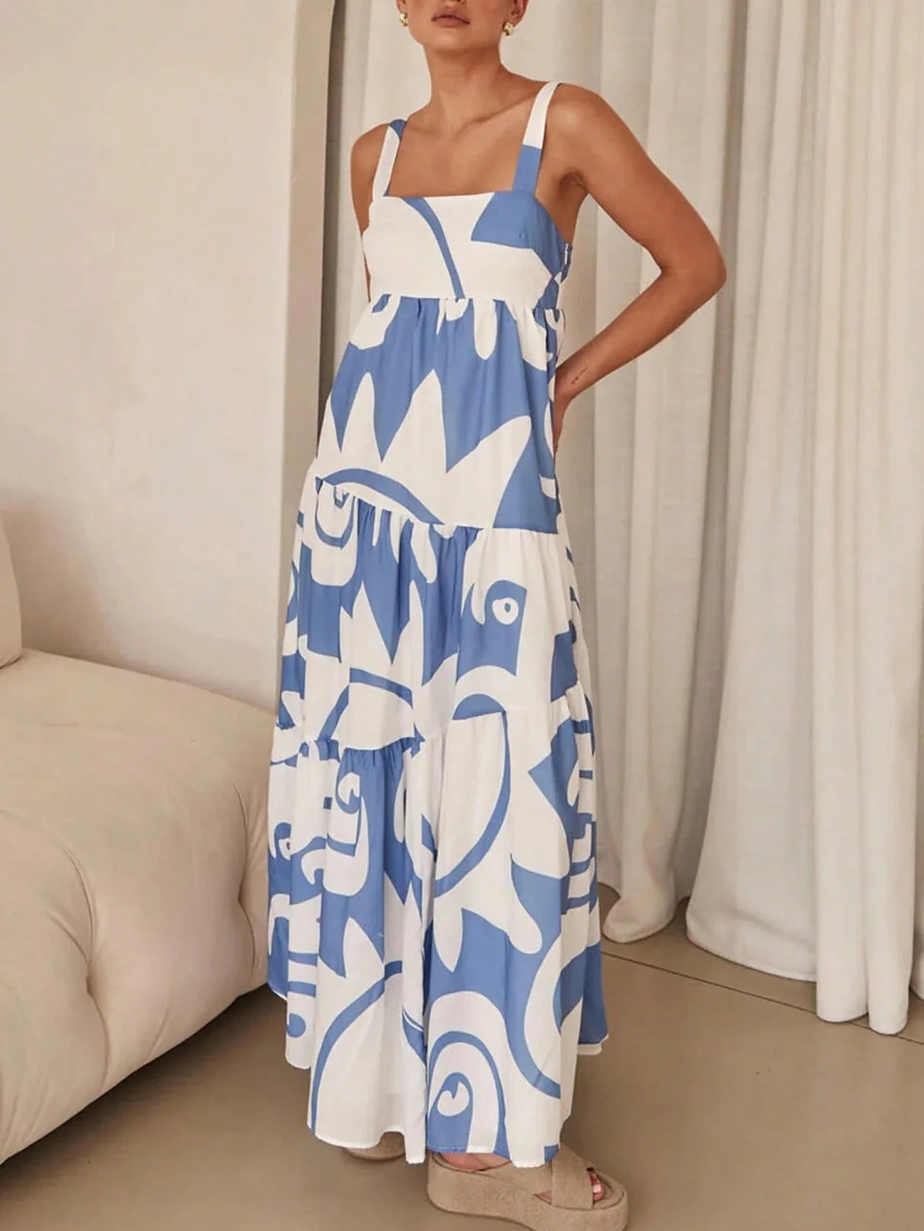 Blue White Print Flowy Maxi Slip Dress by MadisonnSavannahBoutique