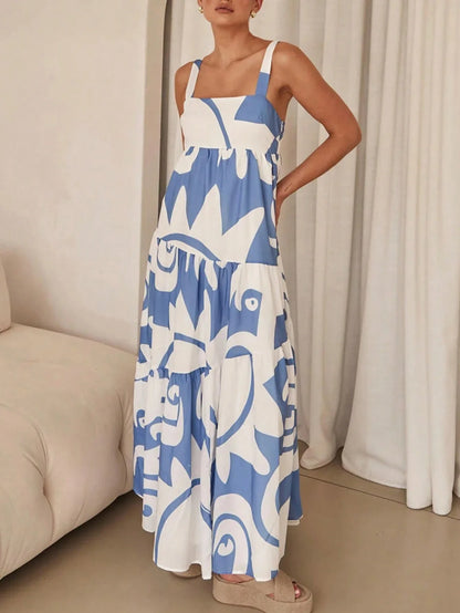 Blue White Print Flowy Maxi Slip Dress by MadisonnSavannahBoutique