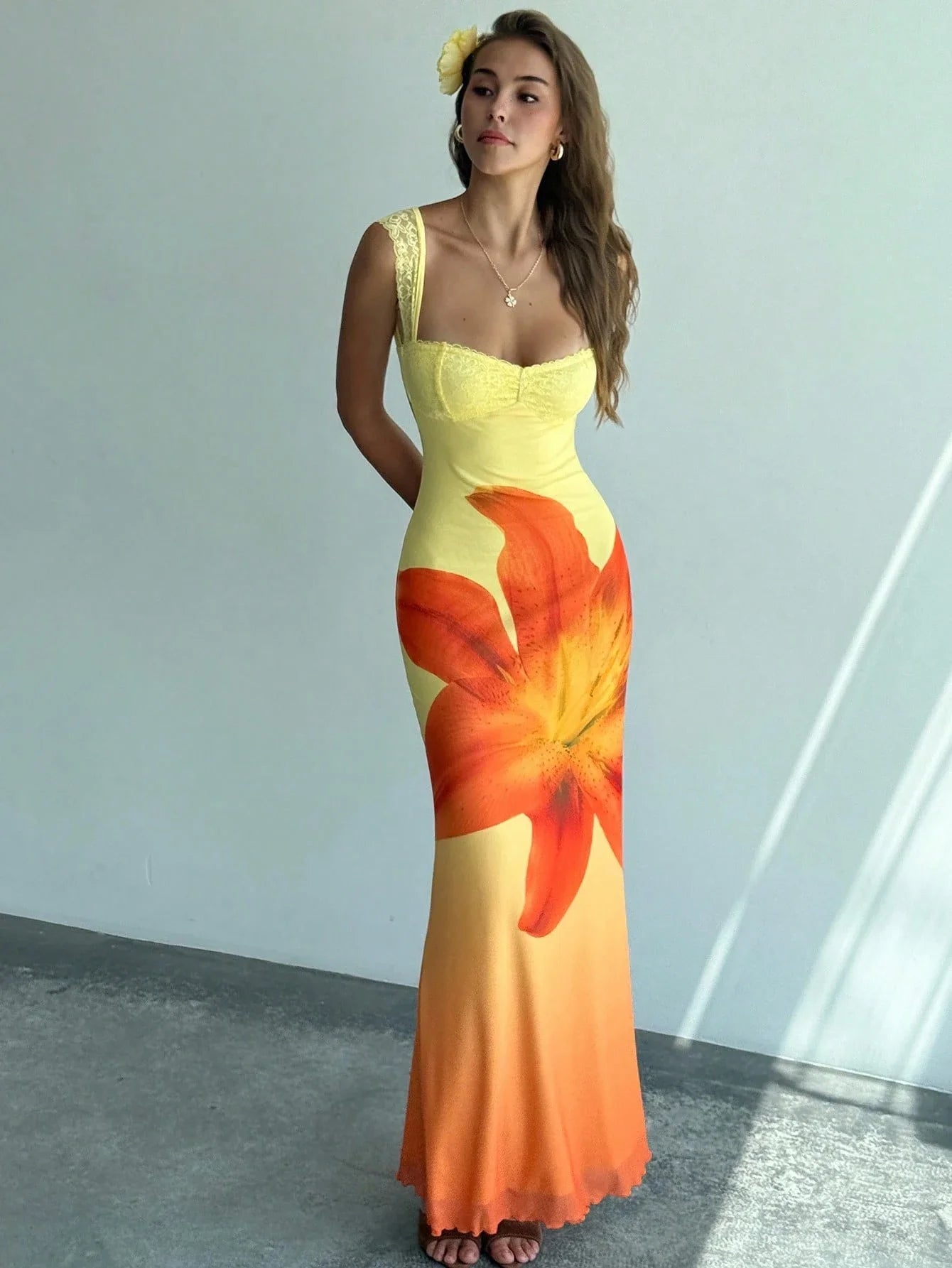 Yellow Floral Print Lace Trim Open Back Bodycon Maxi Dress by MadisonnSavannahBoutique