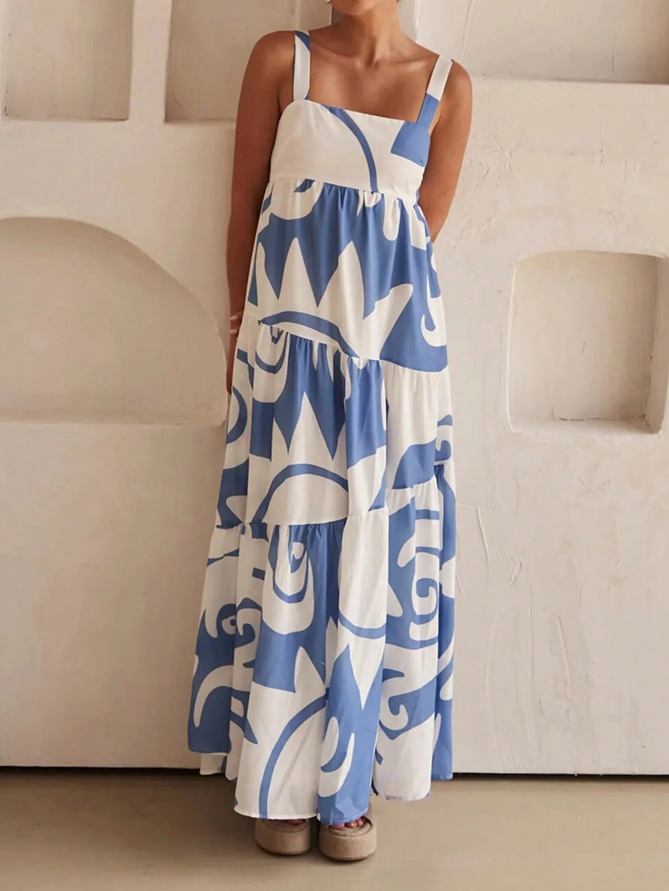 Blue White Print Flowy Maxi Slip Dress by MadisonnSavannahBoutique