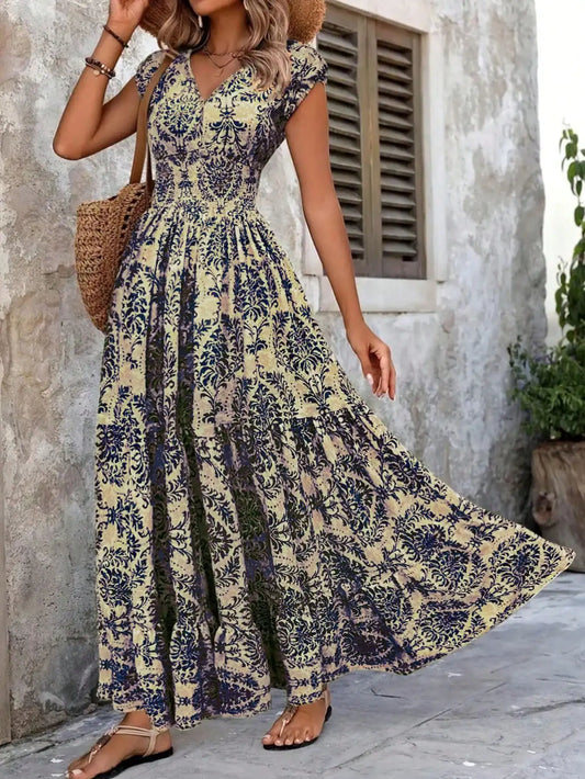 Boho Chic V-Neck Cap Sleeve Floral Print Maxi Dress by MadisonnSavannahBoutique