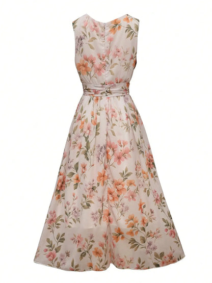 Floral Print V-Neck Wrap Pleated Sleeveless Midi Dress by MadisonnSavannahBoutique