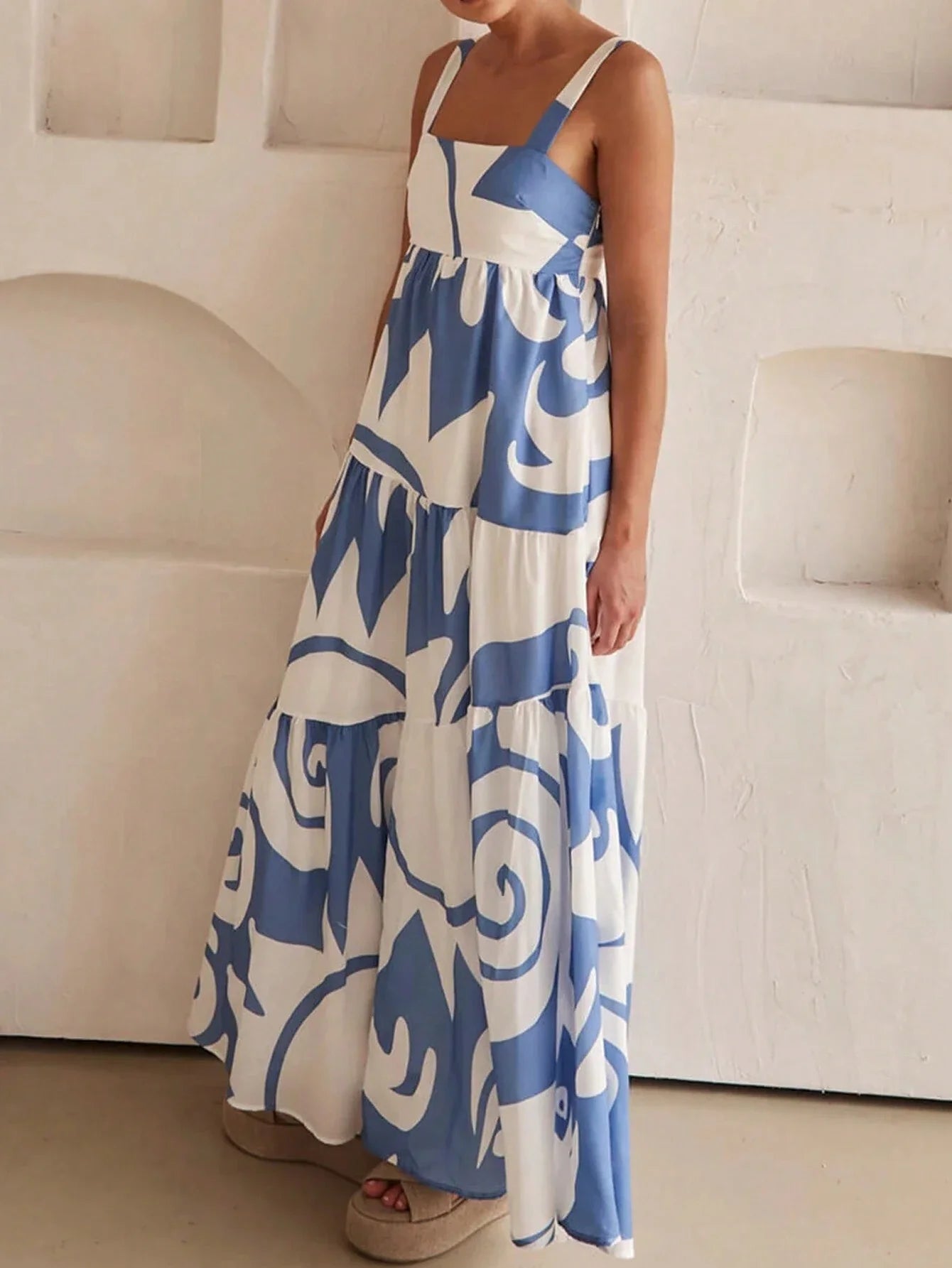 Blue White Print Flowy Maxi Slip Dress by MadisonnSavannahBoutique