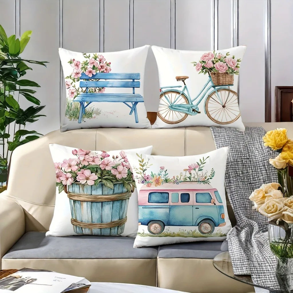 4pcs Contemporary Floral Bicycle Pillow Covers 18x18 Inch by MadisonnSavannahBoutique