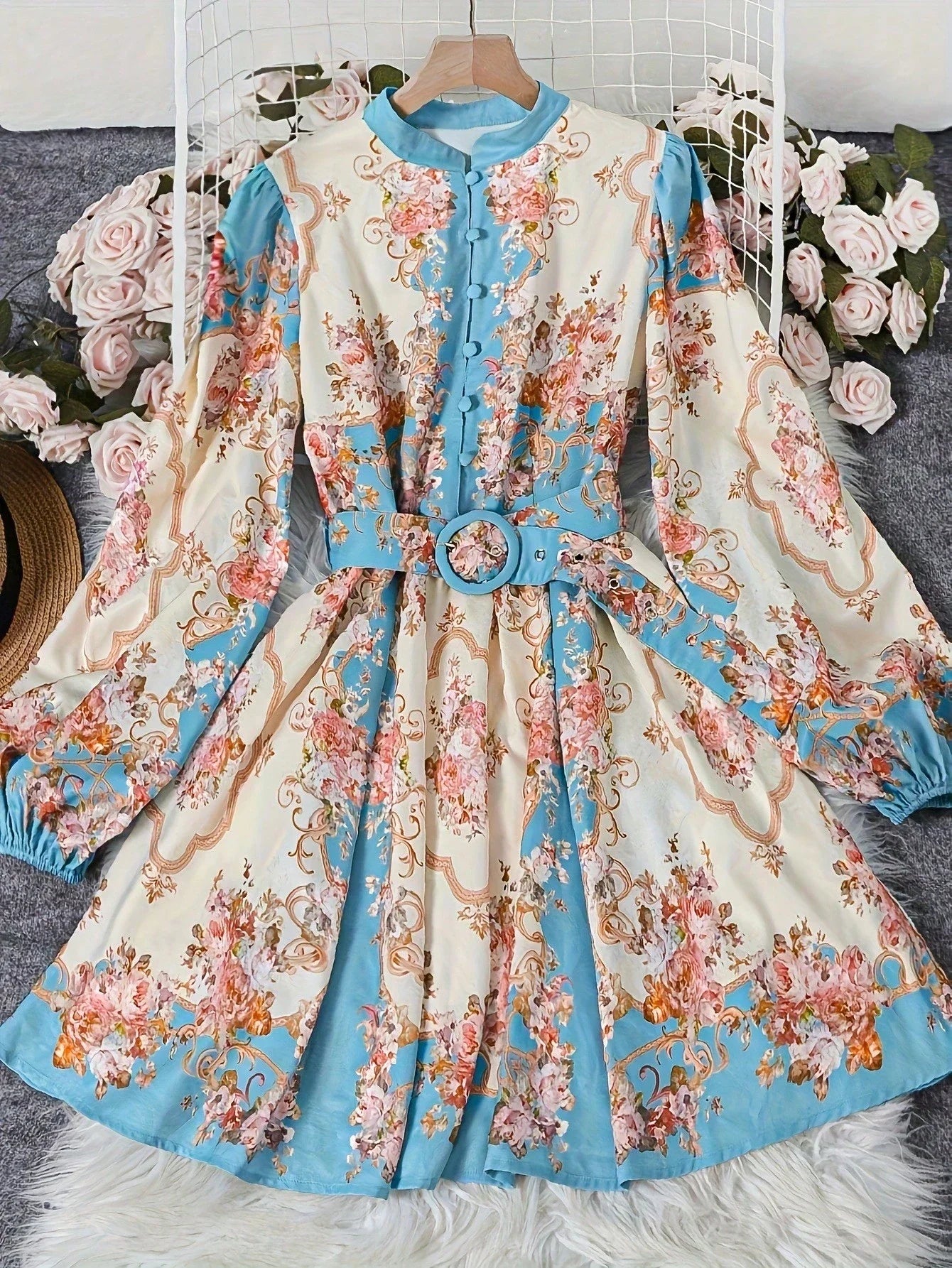 Floral Print Open Collar Long Sleeve Dress With Belt t A-Line by MadisonnSavannahBoutique
