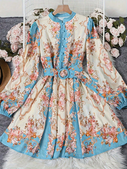 Floral Print Open Collar Long Sleeve Dress With Belt t A-Line by MadisonnSavannahBoutique