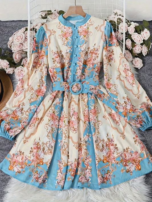 Floral Print Open Collar Long Sleeve Dress With Belt t A-Line by MadisonnSavannahBoutique