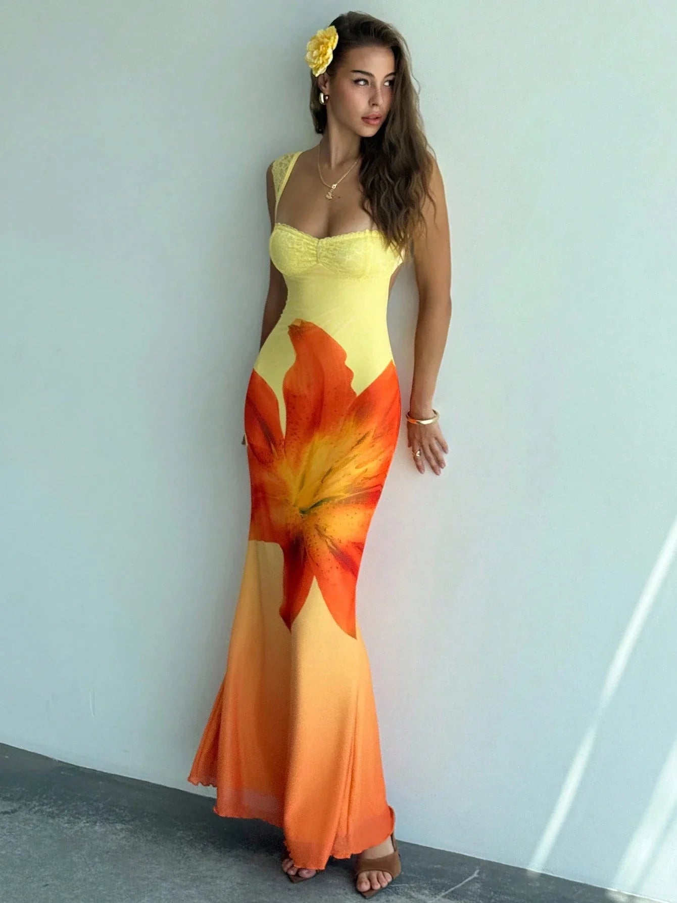 Yellow Floral Print Lace Trim Open Back Bodycon Maxi Dress by MadisonnSavannahBoutique