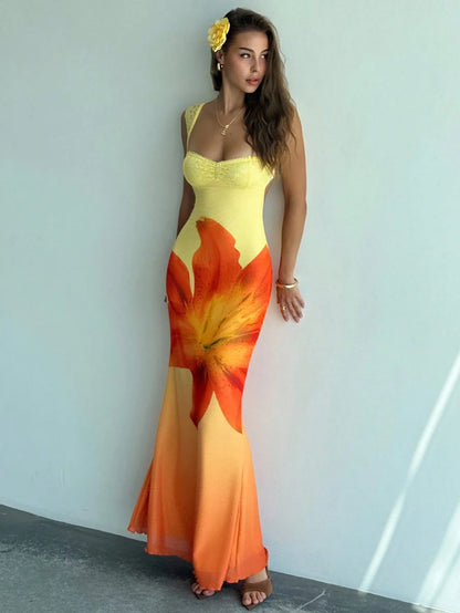 Yellow Floral Print Lace Trim Open Back Bodycon Maxi Dress by MadisonnSavannahBoutique