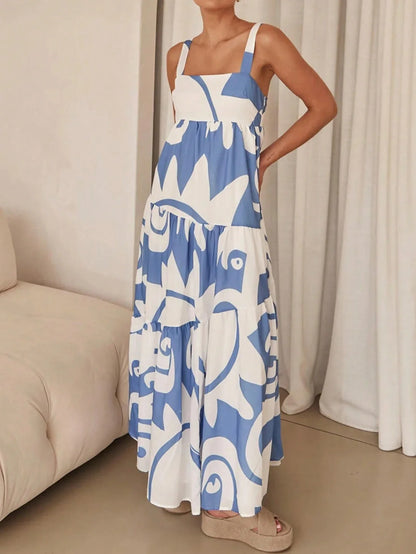 Blue White Print Flowy Maxi Slip Dress by MadisonnSavannahBoutique