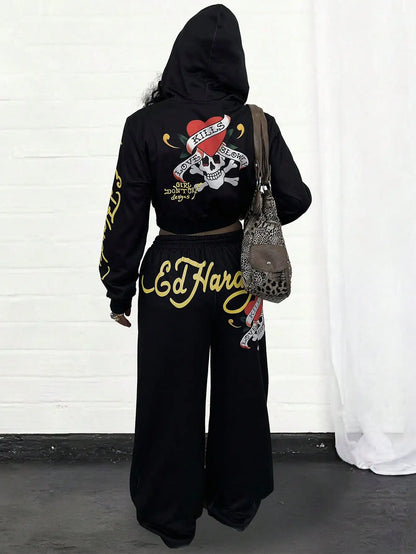 Ed Hardy Skull & Heart Print Cropped Hoodie and Wide Leg Pants Set by MadisonnSavannahBoutique