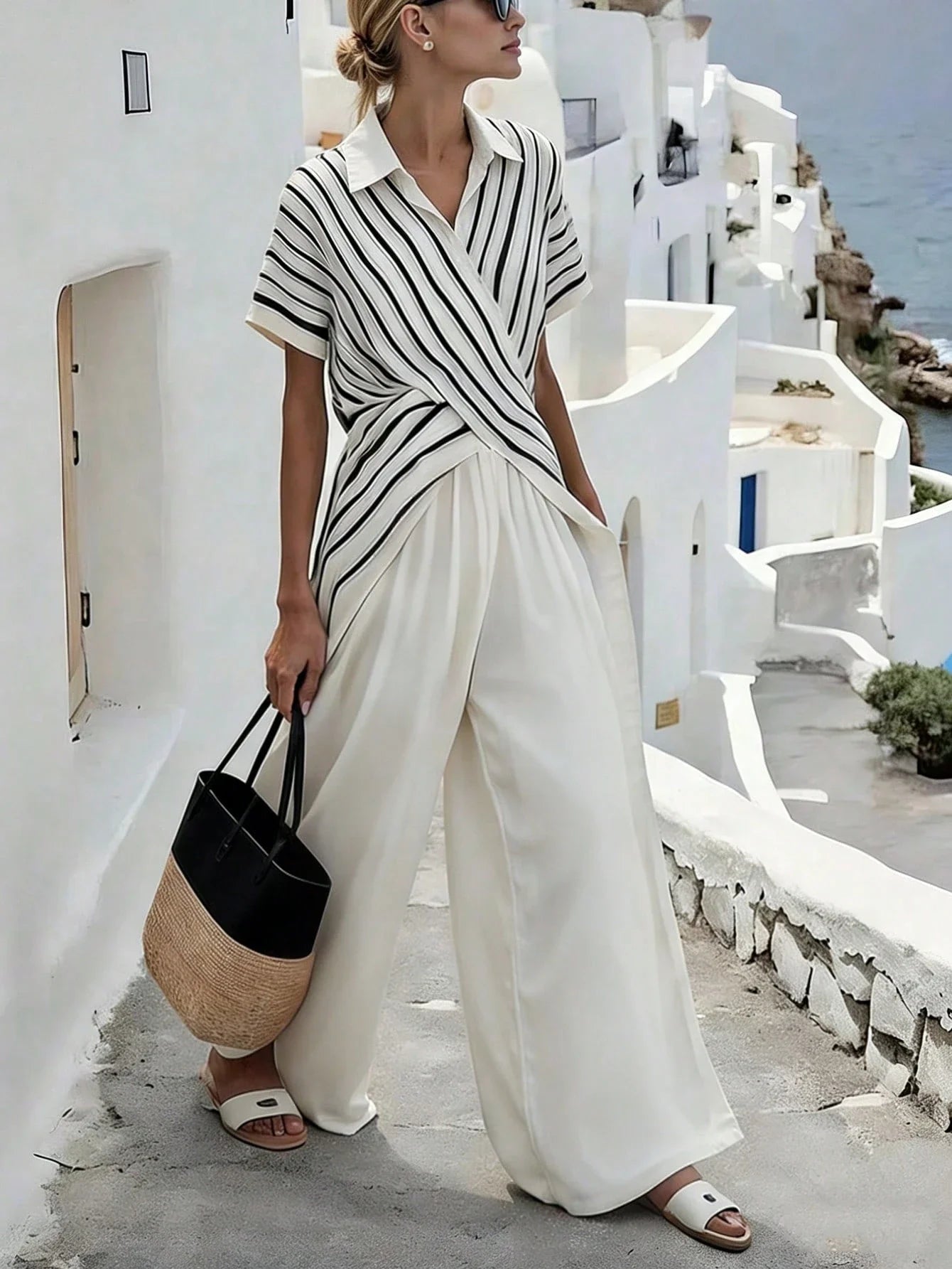 V-Neck Short Sleeve Wrap Top With Wide Leg Pants Set by MadisonnSavannahBoutique