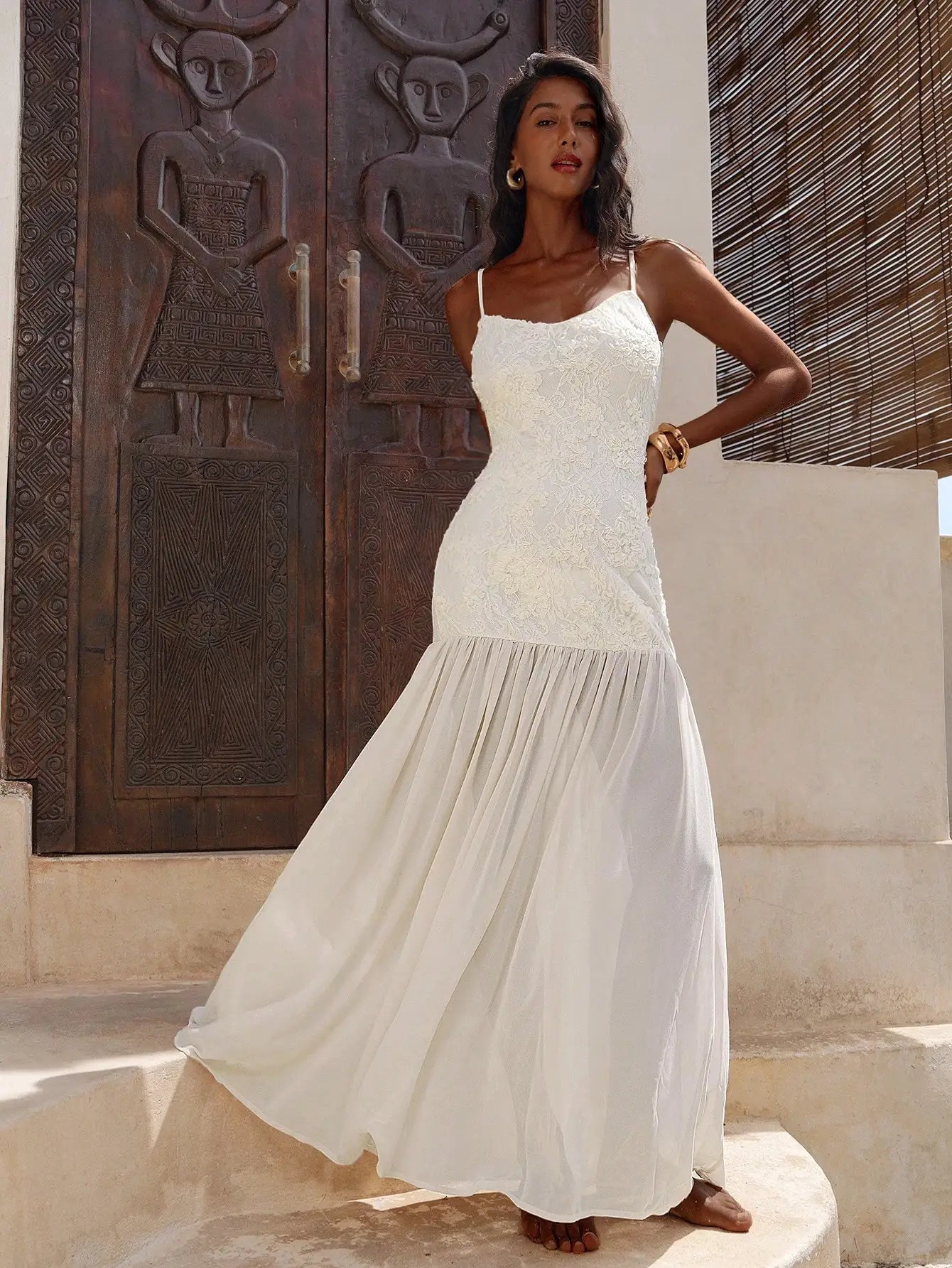 Elegant White Lace Maxi Dress With Spaghetti Straps Flared Hem by MadisonnSavannahBoutique