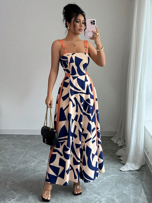 Casual Spaghetti Strap Waisted Wide Hem Geometric Print Maxi Dress by MadisonnSavannahBoutique