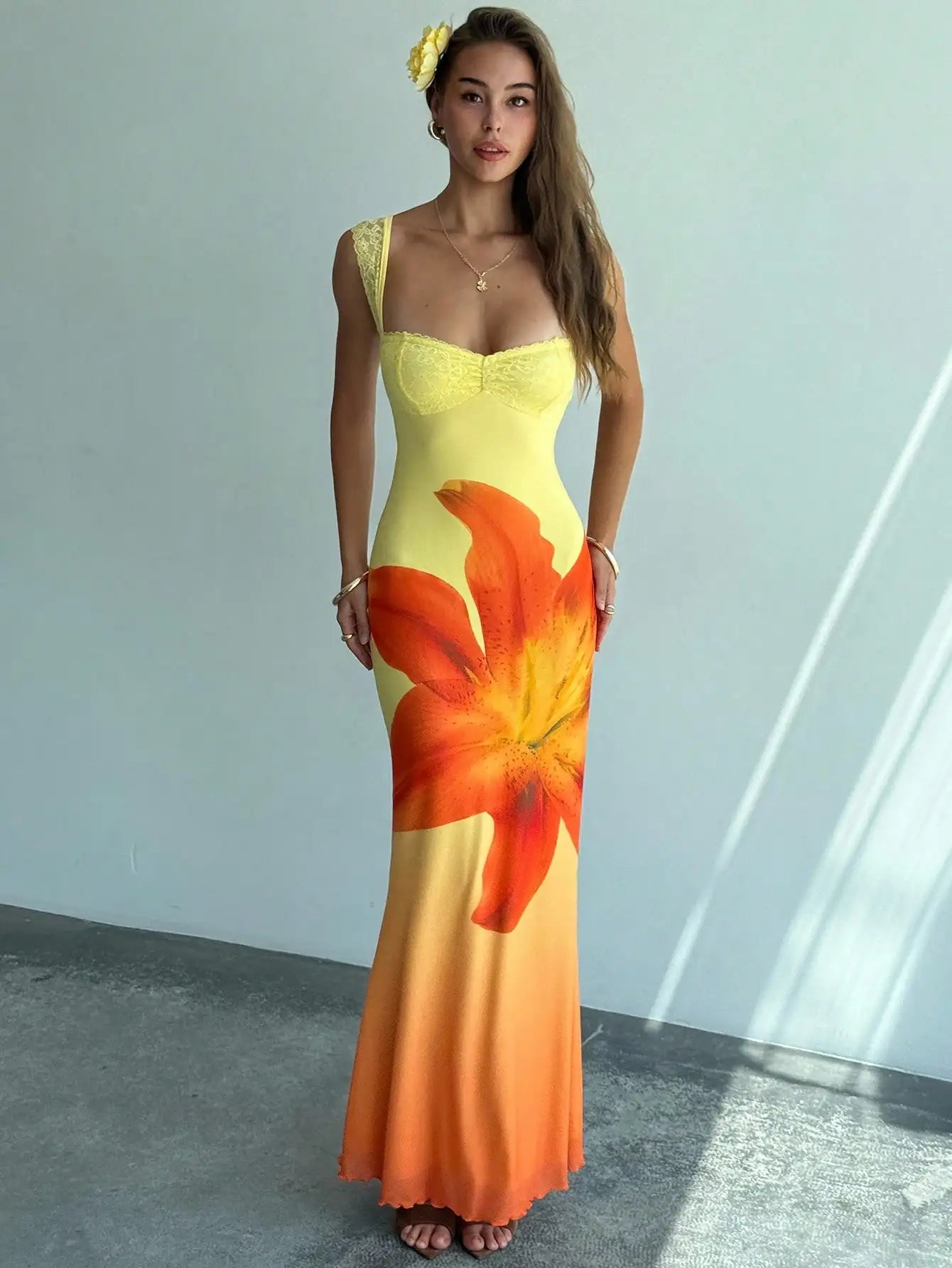 Yellow Floral Print Lace Trim Open Back Bodycon Maxi Dress by MadisonnSavannahBoutique