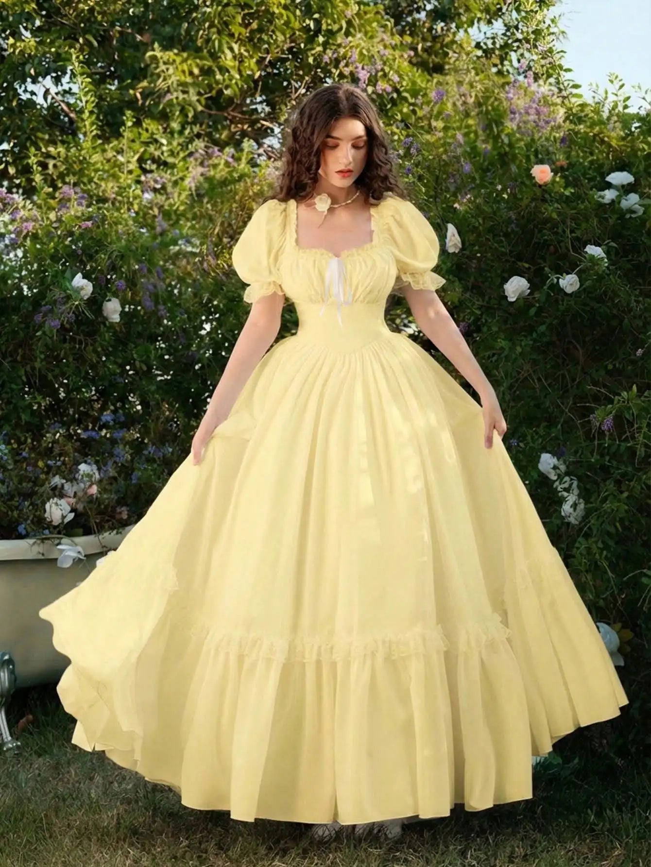 Maxi Dress With Puffed Sleeves, Square Neck, Ruched Bodice, Elegant Style by MadisonnSavannahBoutique