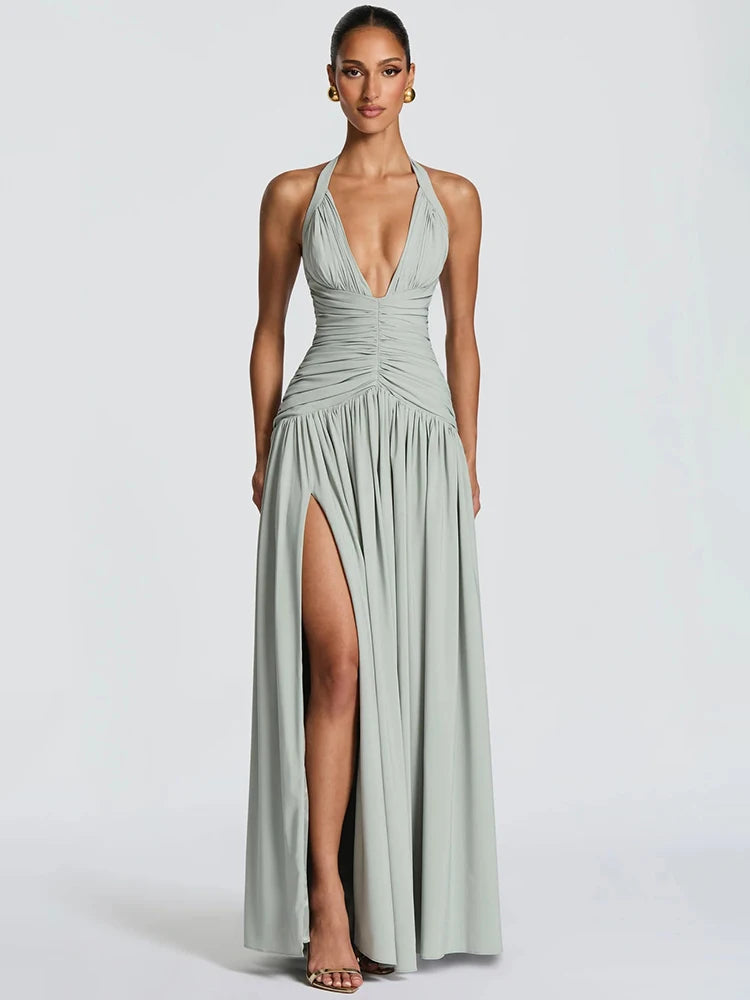Off-shoulder Sleeveless High Split Pleated Dress by MadisonnSavannahBoutique