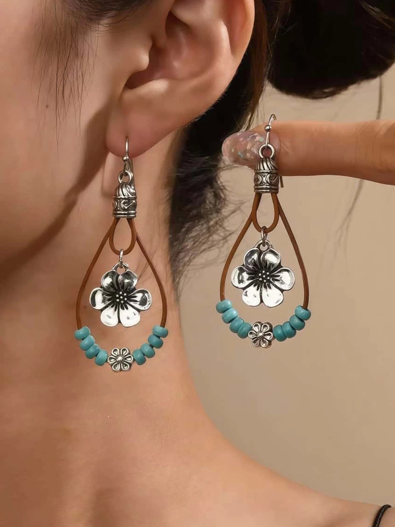 Bohemian Style Alloy Plum Blossom Pendant With Turquoise Beads, Double Layer Dangle Earrings, Vintage Jewelry by MadisonnSavannahBoutique