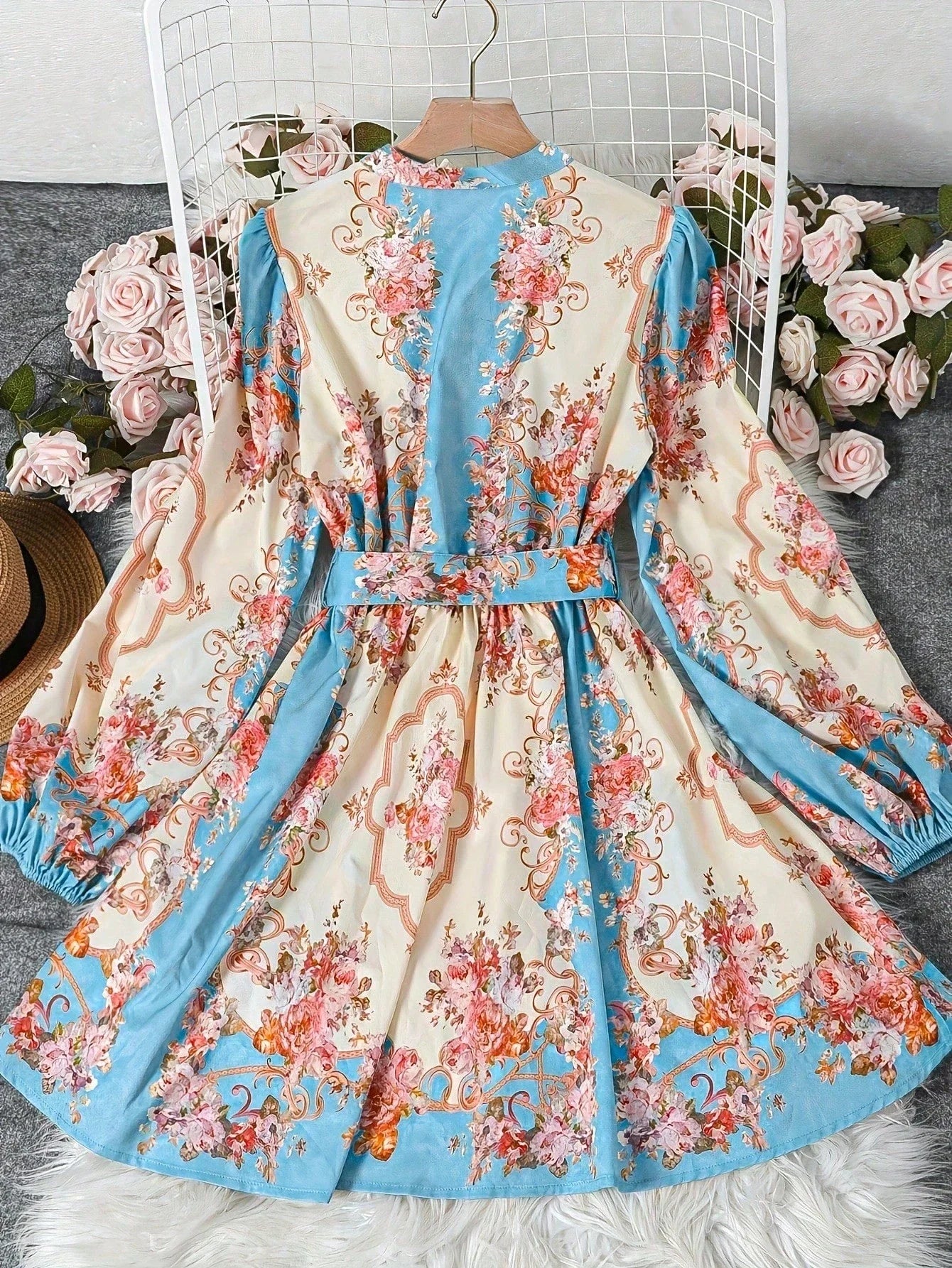 Floral Print Open Collar Long Sleeve Dress With Belt t A-Line by MadisonnSavannahBoutique