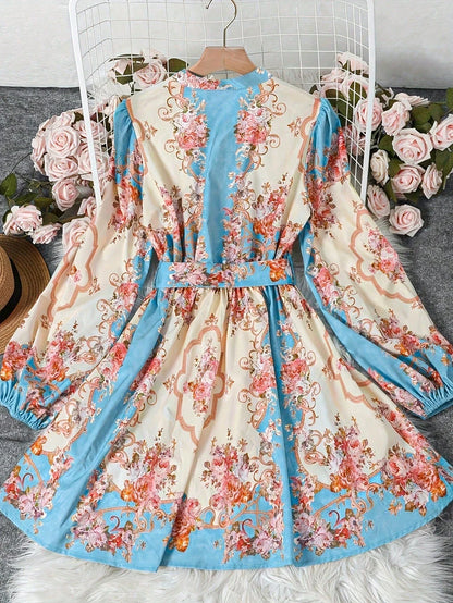 Floral Print Open Collar Long Sleeve Dress With Belt t A-Line by MadisonnSavannahBoutique