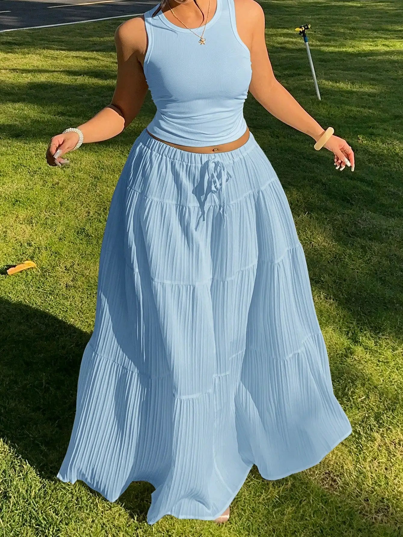 Butter Yellow Sleeveless Crop Top And Tiered Maxi Skirt Set by MadisonnSavannahBoutique
