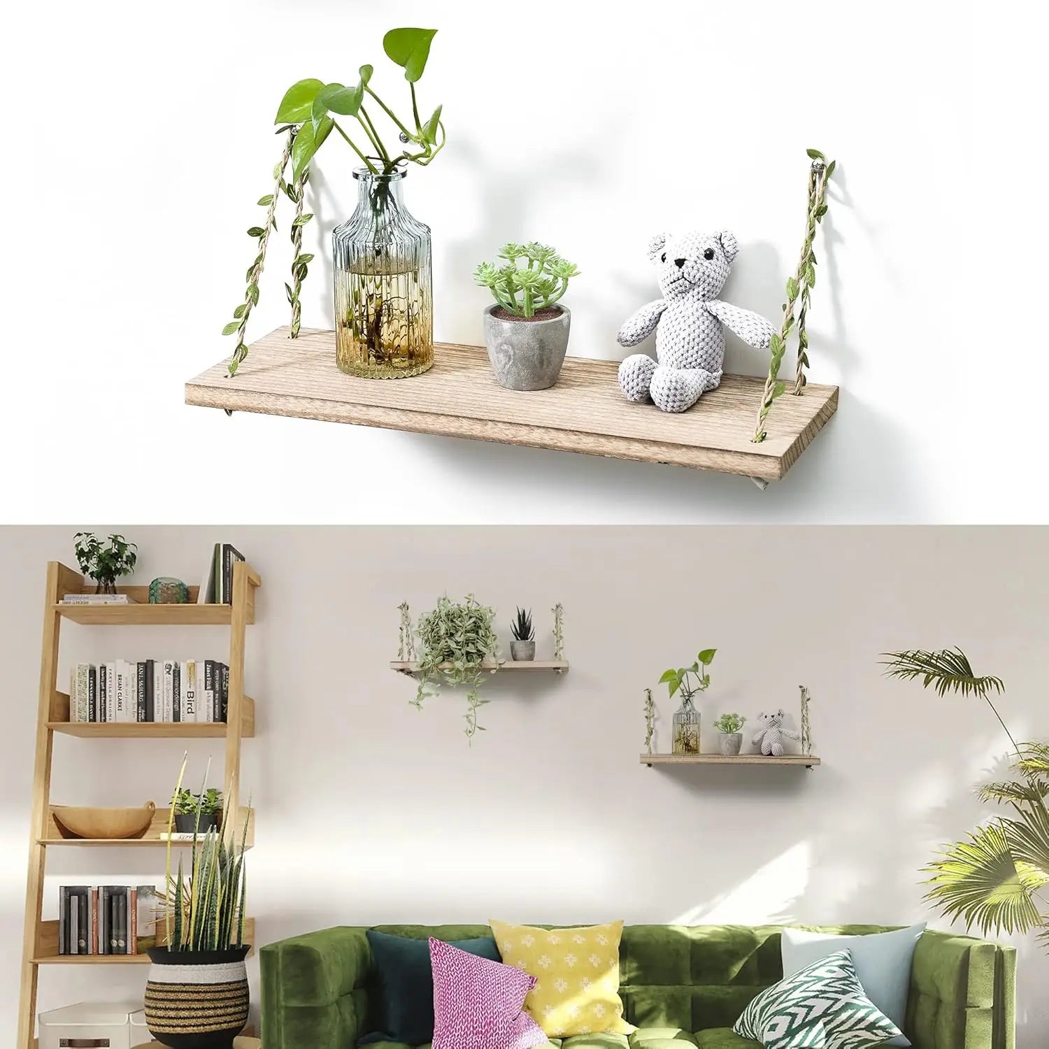2-Pack 17" Green Leaf Rope Hanging Floating Shelves by MadisonnSavannahBoutique