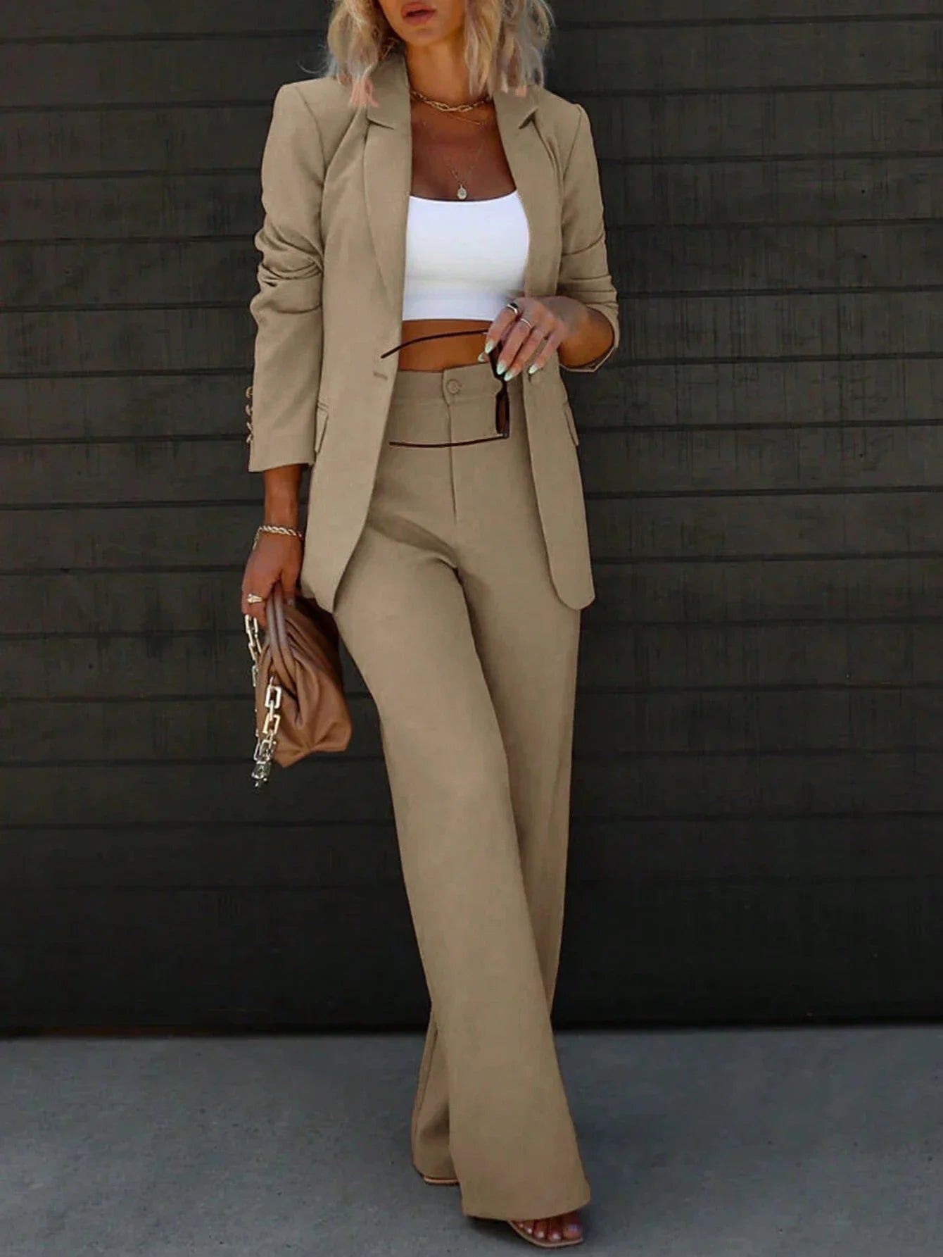 wo-Piece Suit Single Button Blazer And Wide Leg Trousers by MadisonnSavannahBoutique