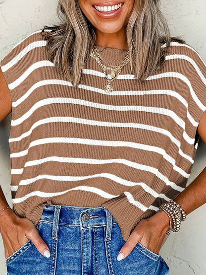 Striped Side Slit Round Neck Short Sleeve Knit Sweater by MadisonnSavannahBoutique
