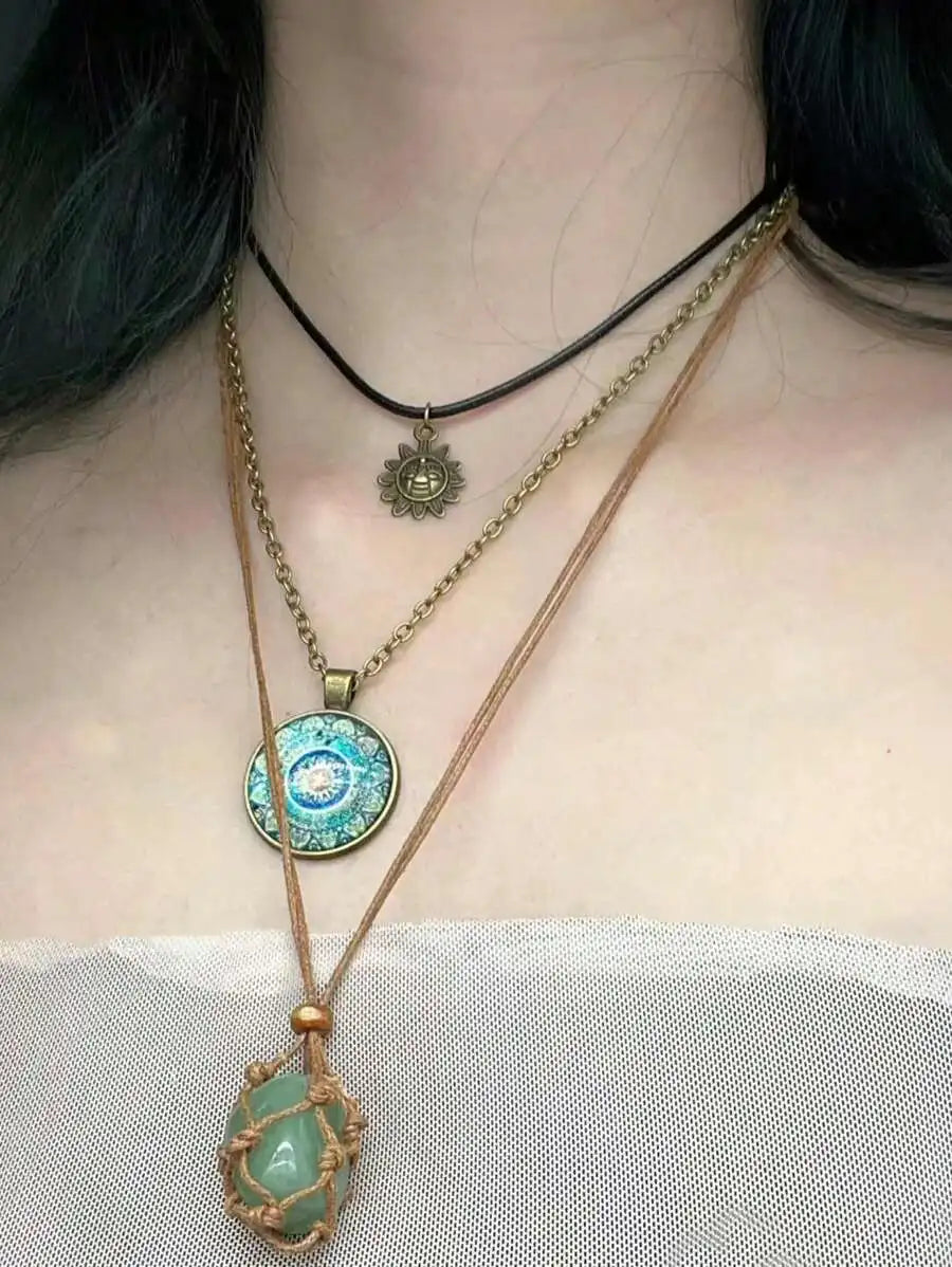3-Layer Boho Pendant Necklace Set with Sun Charm, Glass Dome & Stone Bead by MadisonnSavannahBoutique