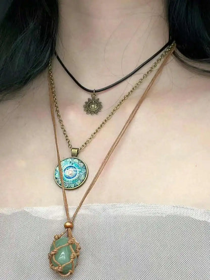3-Layer Boho Pendant Necklace Set with Sun Charm, Glass Dome & Stone Bead by MadisonnSavannahBoutique