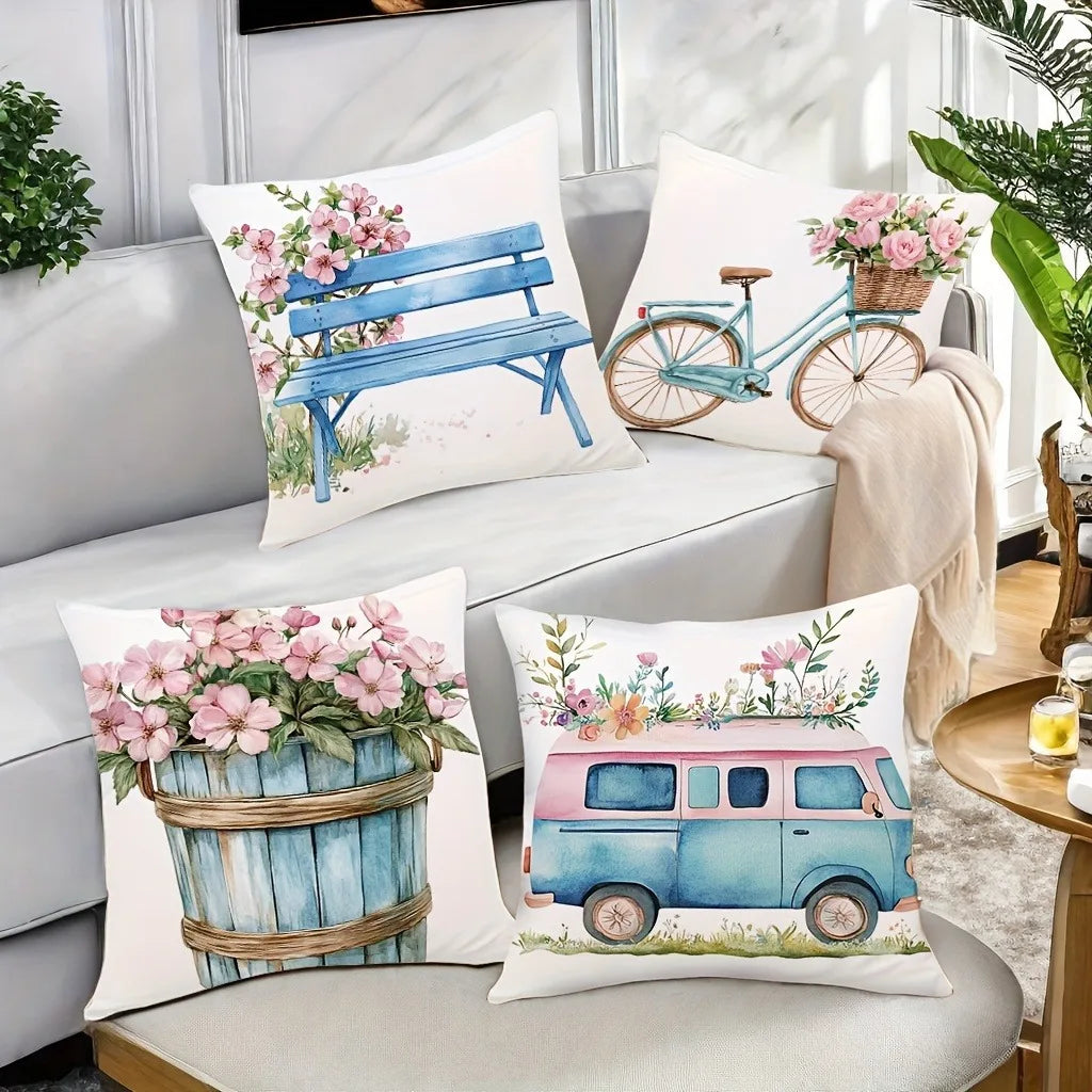 4pcs Contemporary Floral Bicycle Pillow Covers 18x18 Inch by MadisonnSavannahBoutique