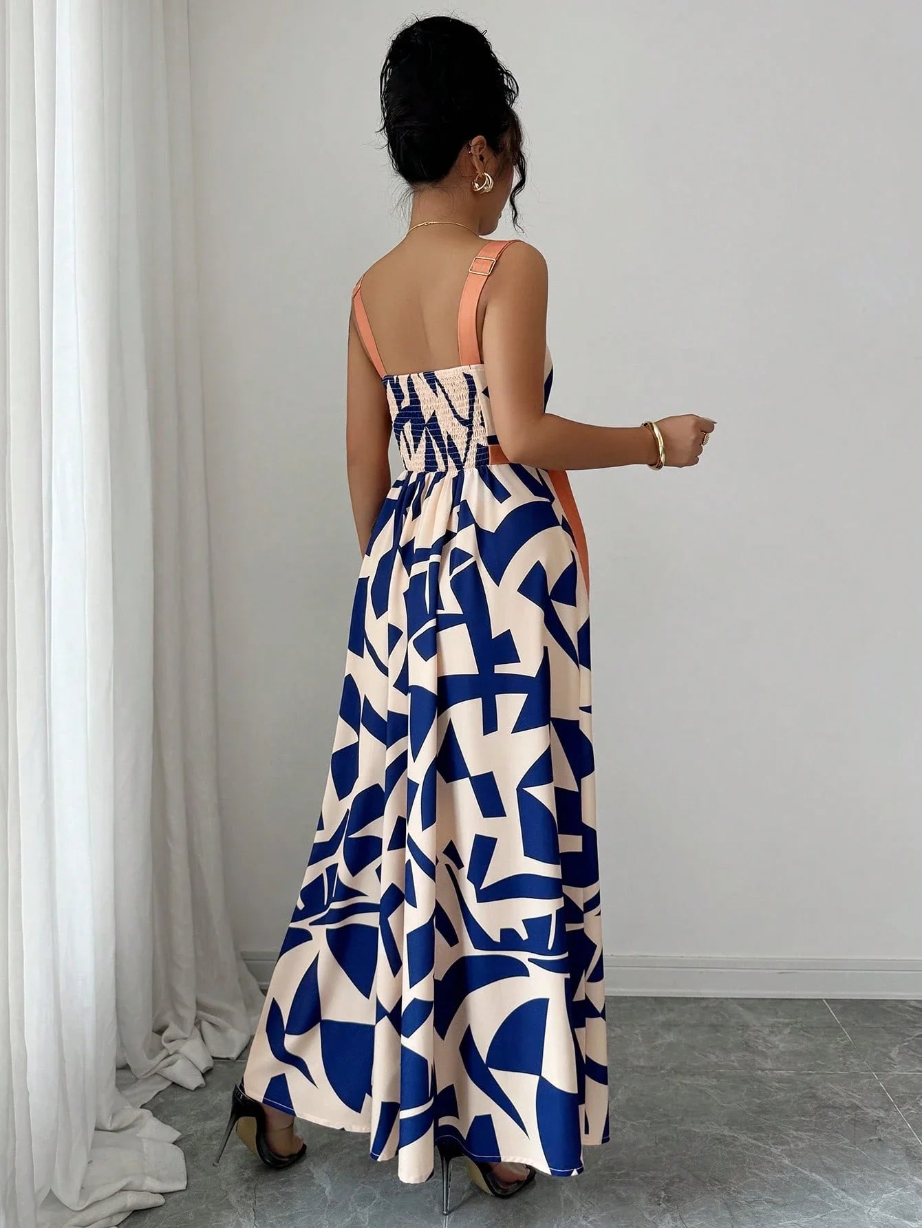Casual Spaghetti Strap Waisted Wide Hem Geometric Print Maxi Dress by MadisonnSavannahBoutique