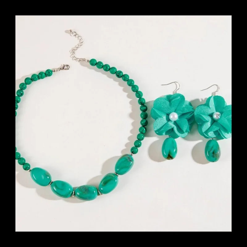 Bohemian Turquoise Beaded Flower Earrings Necklace by MadisonnSavannahBoutique