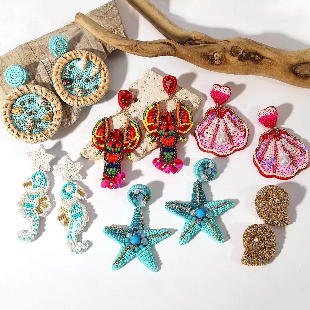 Bohemian Starfish Lobster Conch Seed Bead Drop Earrings Handmade by MadisonnSavannahBoutique