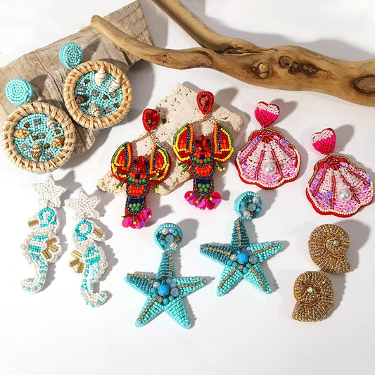 Bohemian Starfish Lobster Conch Seed Bead Drop Earrings Handmade by MadisonnSavannahBoutique