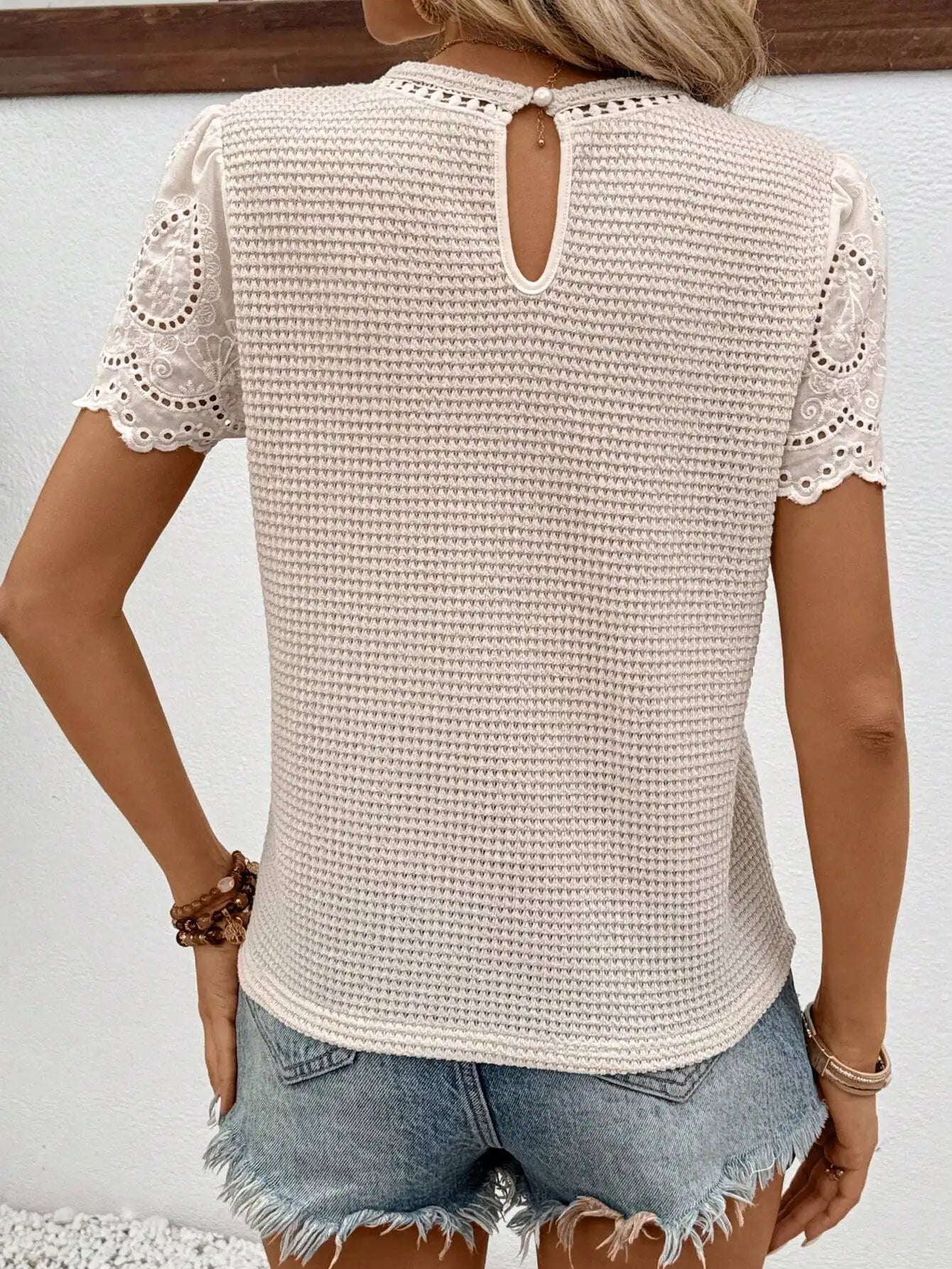 Knitted Waffle Tee With Lace Sleeve Embroidery by MadisonnSavannahBoutique