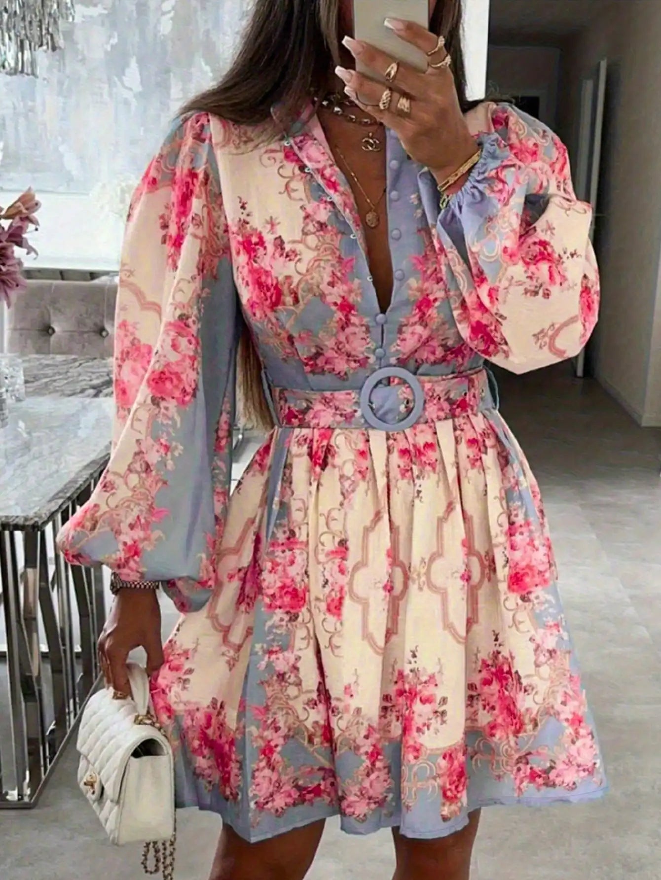 Floral Print Open Collar Long Sleeve Dress With Belt t A-Line by MadisonnSavannahBoutique