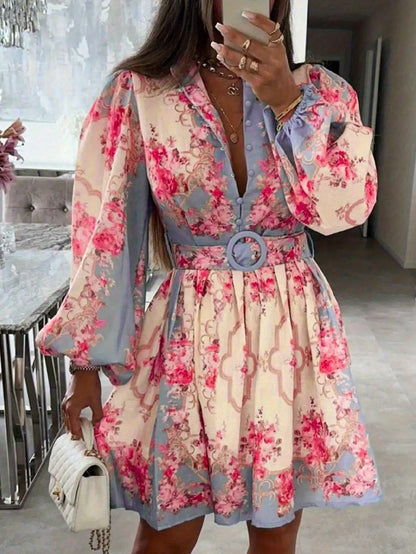 Floral Print Open Collar Long Sleeve Dress With Belt t A-Line by MadisonnSavannahBoutique