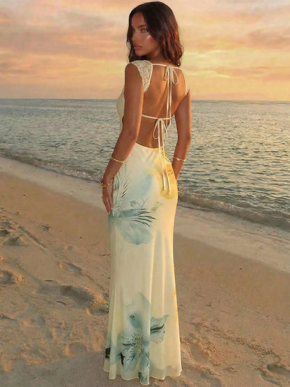 Yellow Floral Print Lace Trim Open Back Bodycon Maxi Dress by MadisonnSavannahBoutique