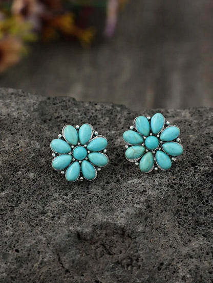 Vintage-Style Turquoise Flower Stud Earrings in Alloy Setting by MadisonnSavannahBoutique