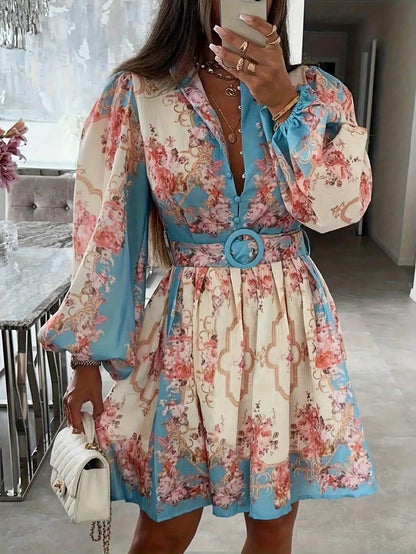 Floral Print Open Collar Long Sleeve Dress With Belt t A-Line by MadisonnSavannahBoutique