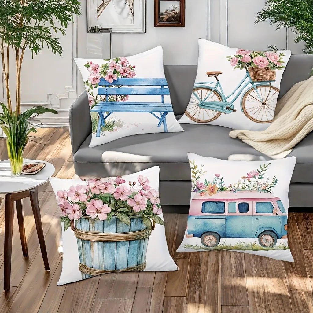4pcs Contemporary Floral Bicycle Pillow Covers 18x18 Inch by MadisonnSavannahBoutique